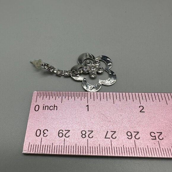 3/$30 Rhinestone Flower Earrings Silver Drop Pierced Dangle Sparkly Floral 1.5" - Picture 7 of 9